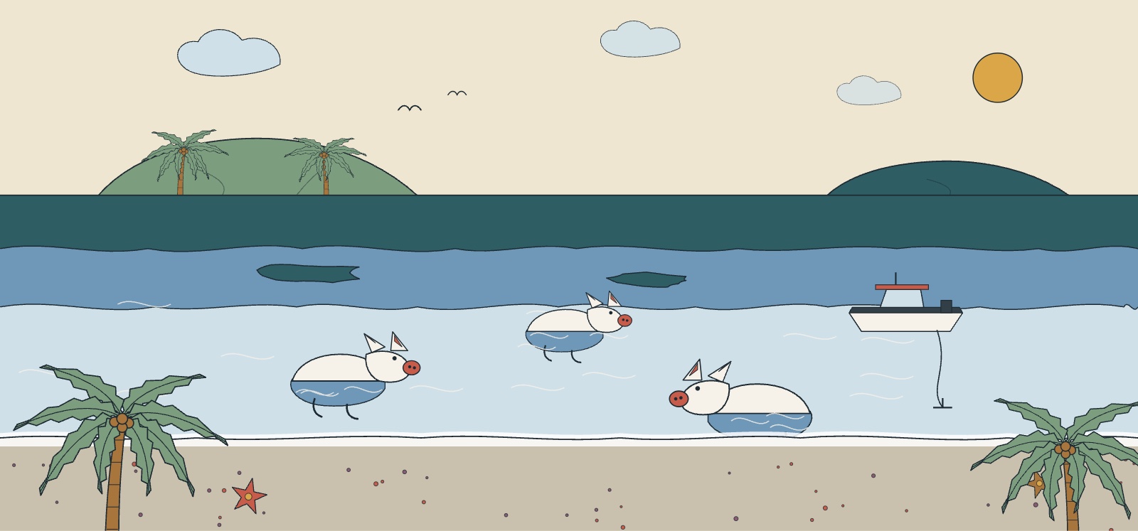 Illustration of the swimming pigs of Big Major Cay in clear shallow water beside an anchored boat