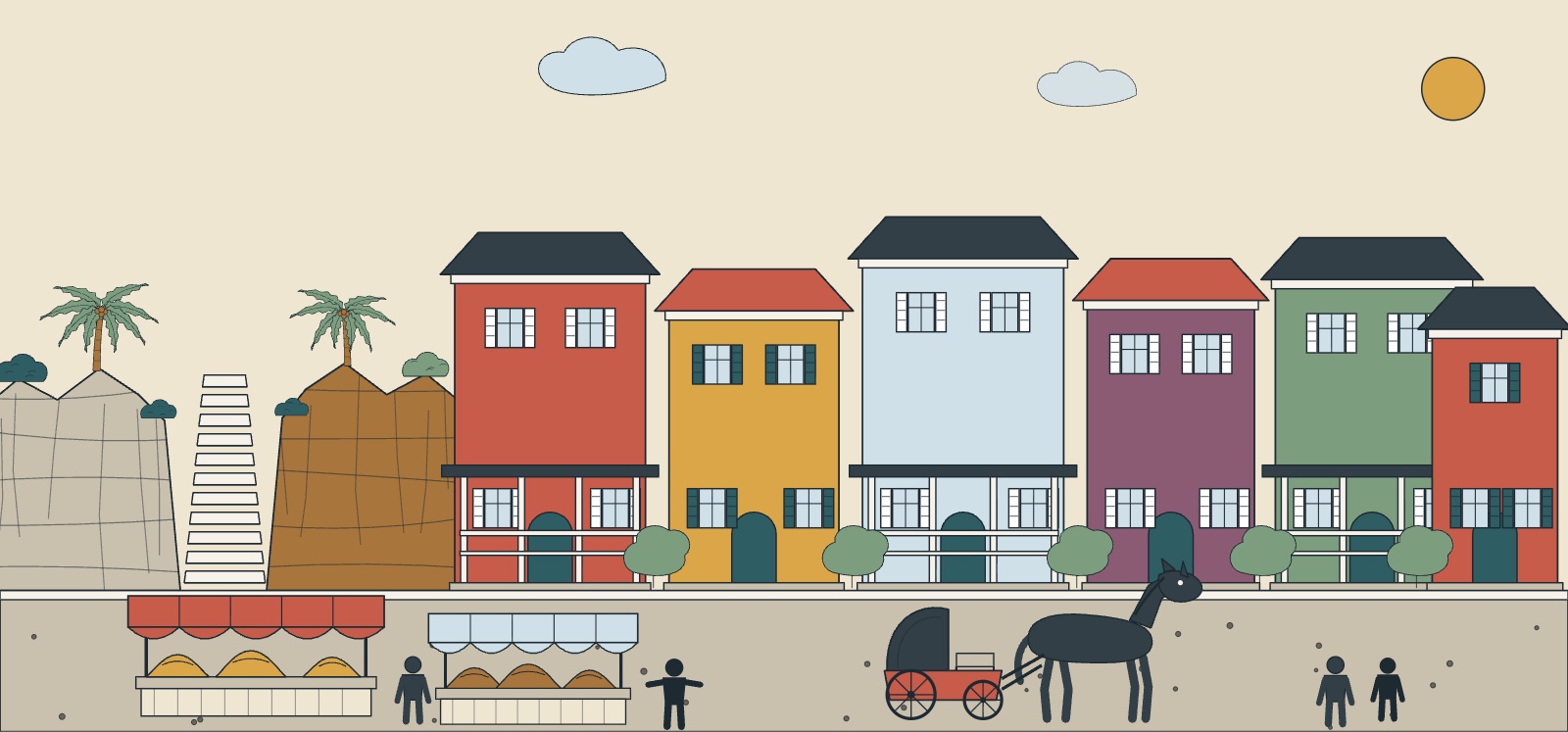 Illustration of colonial Nassau with painted clapboard houses, the Queen's Staircase, a horse carriage and the straw market