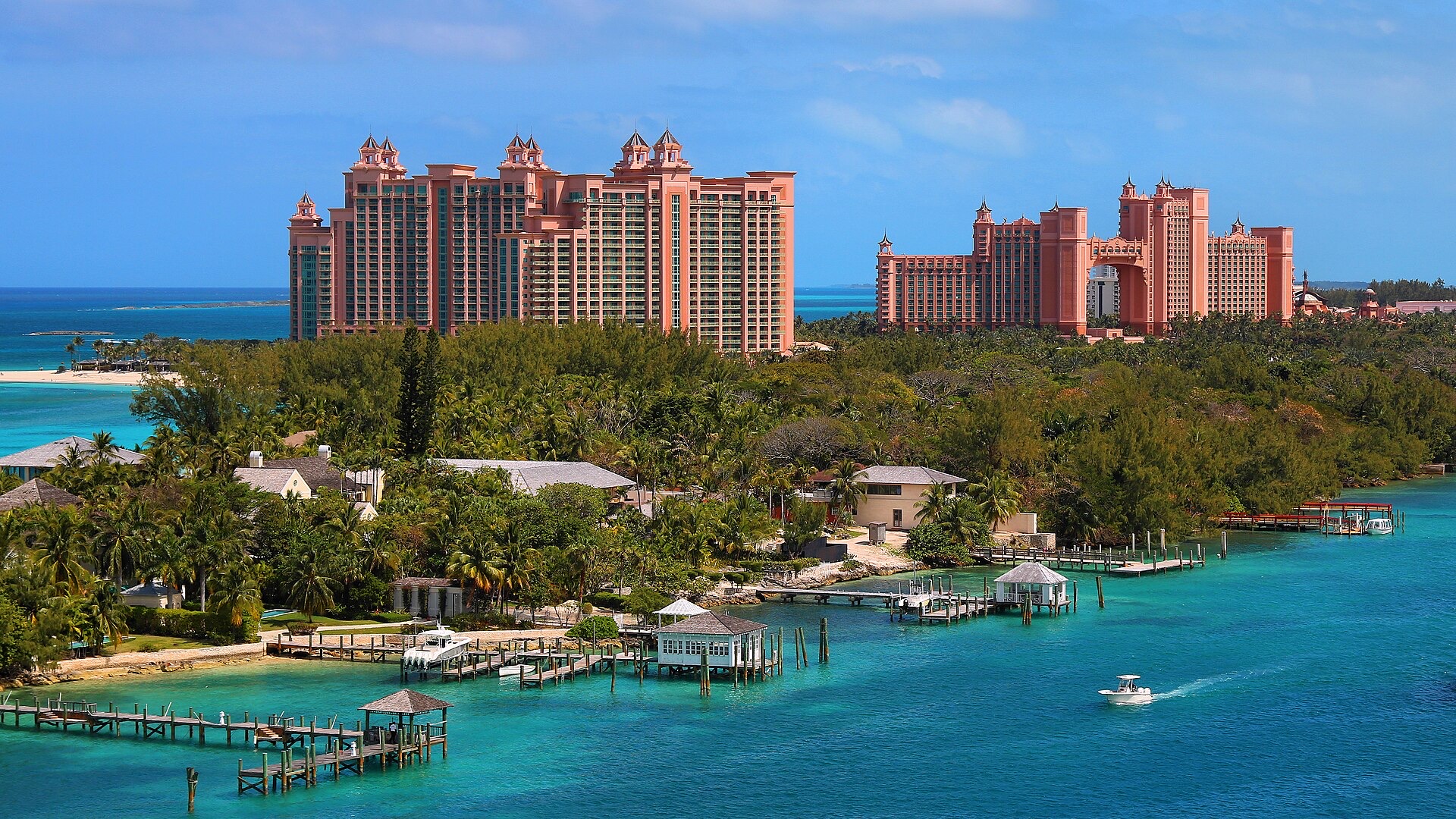 The Atlantis resort towers on Paradise Island seen across the turquoise water of Nassau harbour